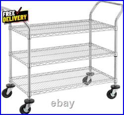 3-Tier Commercial Grade Rolling Cart Heavy Duty Utility Cart with Wheels and H
