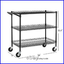 3 Tier Heavy Duty Commercial Grade Utility Cart, Wire Rolling Cart 36L Black