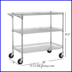 3 Tier Heavy Duty Commercial Grade Utility Cart, Wire Rolling Cart 36L Chrome