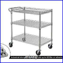 3 Tier Heavy Duty Commercial Grade Utility Cart, Wire Rolling Cart With Handle