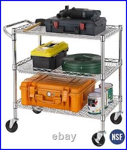 3 Tier Heavy Duty Commercial Grade Utility Cart, Wire Rolling Cart with Handl