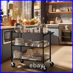 3 Tier Heavy Duty Commercial Grade Utility Cart, Wire Rolling Cart with Handl