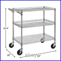 3 Tier Heavy Duty Commercial Grade Utility Cart, Wire Rolling Cart with Handl