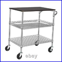3 Tier Heavy Duty Commercial Grade Utility Cart with Wood Top, 33H Chrome