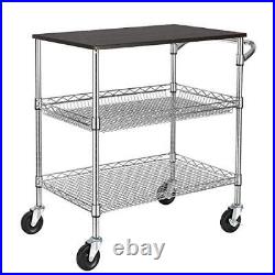 3 Tier Heavy Duty Commercial Grade Utility Cart with Wood Top, 33H Chrome