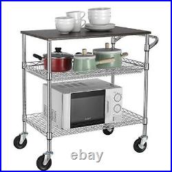 3 Tier Heavy Duty Commercial Grade Utility Cart with Wood Top, 33H Chrome