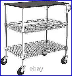 3 Tier Heavy Duty Commercial Grade Utility Cart with Wood Top, Wire Rolling