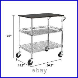 3 Tier Heavy Duty Commercial Grade Utility Cart with Wood Top, Wire Rolling