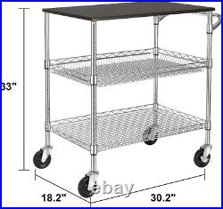 3 Tier Heavy Duty Commercial Grade Utility Cart with Wood Top Wire Rolling