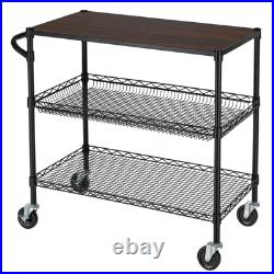 3 Tier Heavy Duty Commercial Grade Utility Cart with Wood Top, Wire Rolling C