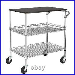 3 Tier Heavy Duty Commercial Grade Utility Cart with Wood Top, Wire Rolling C
