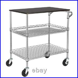 3 Tier Heavy Duty Commercial Grade Utility Cart with Wood Top, Wire Rolling C