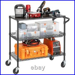 3 Tier Heavy Duty Commercial Grade Utility Cart with Wood Top, Wire Rolling C 3 Tier Heavy Duty Commercial Grade Utility Cart with Wood Top, Wire Rolling C