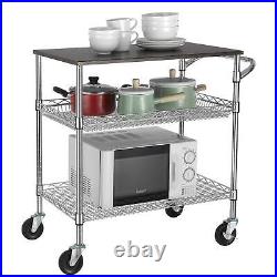 3 Tier Heavy Duty Commercial Grade Utility Cart with Wood Top, Wire Rolling C