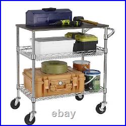 3 Tier Heavy Duty Commercial Grade Utility Cart with Wood Top, Wire Rolling C