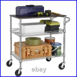 3 Tier Heavy Duty Commercial Grade Utility Cart with Wood Top, Wire Rolling C