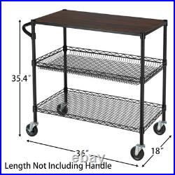 3 Tier Heavy Duty Commercial Grade Utility Cart with Wood Top, Wire Rolling C