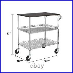 3 Tier Heavy Duty Commercial Grade Utility Cart with Wood Top, Wire Rolling C
