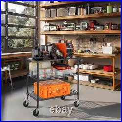 3 Tier Heavy Duty Commercial Grade Utility Cart with Wood Top, Wire Rolling C