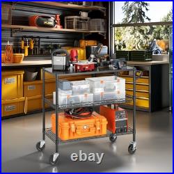 3 Tier Heavy Duty Commercial Grade Utility Cart with Wood Top, Wire Rolling C
