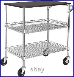 3 Tier Heavy Duty Commercial Grade Utility Cart with Wood Top, Wire Rolling Cart