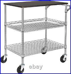 3 Tier Heavy Duty Commercial Grade Utility Cart with Wood Top, Wire Rolling Cart