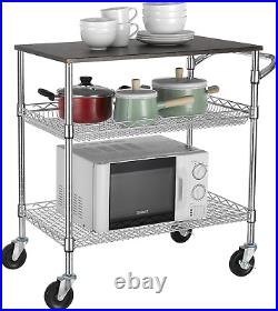 3 Tier Heavy Duty Commercial Grade Utility Cart with Wood Top, Wire Rolling Cart