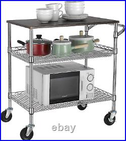 3 Tier Heavy Duty Commercial Grade Utility Cart with Wood Top, Wire Rolling Cart