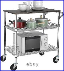 3 Tier Heavy Duty Commercial Grade Utility Cart with Wood Top, Wire Rolling Cart