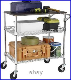 3 Tier Heavy Duty Commercial Grade Utility Cart with Wood Top, Wire Rolling Cart