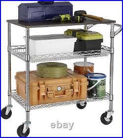 3 Tier Heavy Duty Commercial Grade Utility Cart with Wood Top, Wire Rolling Cart