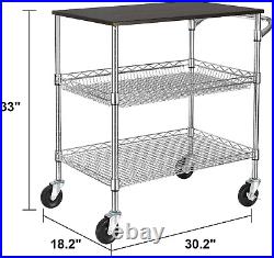 3 Tier Heavy Duty Commercial Grade Utility Cart with Wood Top, Wire Rolling Cart