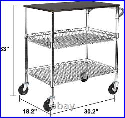 3 Tier Heavy Duty Commercial Grade Utility Cart with Wood Top, Wire Rolling Cart