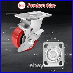4 Inch Heavy Duty Casters Wheels, Industrial Grade Polyurethane Casters Set o