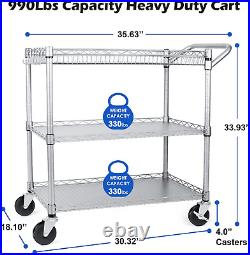 Commercial Grade Heavy Duty Utility Cart 990Lbs Capacity 3 Tier Wire Roll