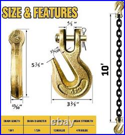 Grade 80 10FT Heavy Duty Towing Chain with Clevis Hooks, 12,000 lbs Capacity