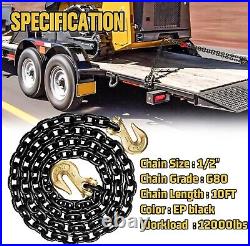 Grade 80 10FT Heavy Duty Towing Chain with Clevis Hooks, 12,000 lbs Capacity