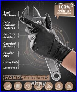 Heavy Duty 8 Mil Black Nitrile Disposable Gloves Raised Diamond Texture