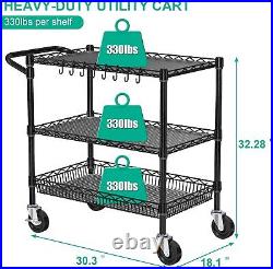 Heavy Duty Rolling Cart with Wheels, 3 Tier Commercial Grade Utility Cart Metal
